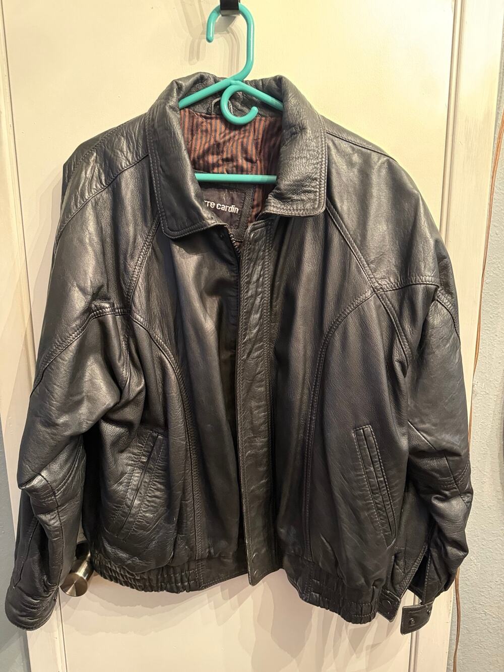 Pierre Cardin Men's Large Black Genuine Leather Bomber Jacket Full Zip Vintage